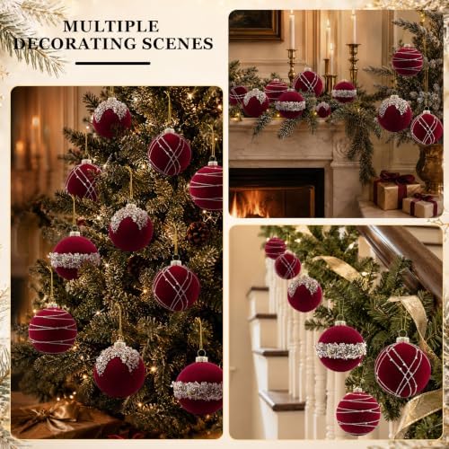 12Pcs Red Velvet Christmas Ornaments 3.15In Balls for Christmas Tree Deco