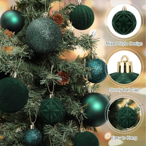 Civaner 52 Pcs Velvet Christmas Ball Ornaments Flocked Christmas Tree Hanging Ornaments 3 Assorted Size Shatterproof Xmas Ball Decorations Set for Xmas Holiday Winter Party Decor(Dark Green)