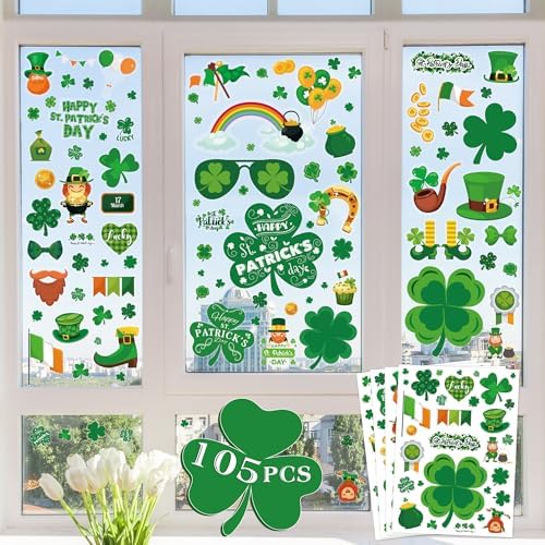 MDDRUIQI St Patricks Day Decorations - 105 PCS St Patricks Day Window Clings - Shamrock Stickers for Glass Reusable Static Spring Shamrock Decorations | St Patricks Day Decor