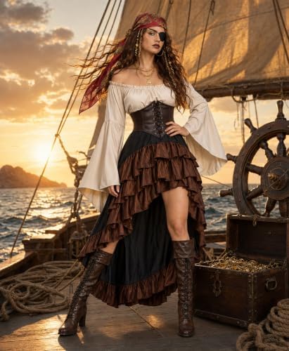 YOGFIT 14 Pcs Pirate Costume Women Set with Renaissance Pirate Shirt, Skirt, and Multiple Pirate Accessories