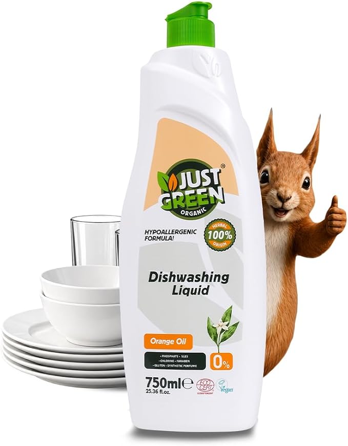 Dish Soap, Plant-Based Dishwashing Liquid, Non-Toxic, Hypoallergenic, EcoCert Certified, Vegan, Grease-Cutting, Orange Scent, 25.36 fl oz (750 ml)