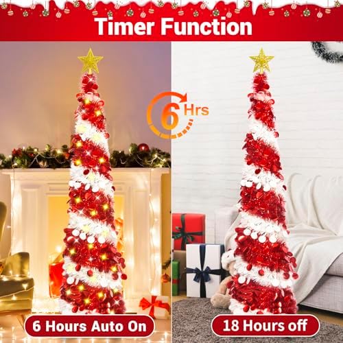 HISFFOG 5FT Pop Up Christmas Tree with 8 Rmote Lights Modes - Dual Color Sequin Tinsel Christmas Tree, Collapsible Artificial Pencil Christmas Trees Decorations for Home, Apartment, Office, Party