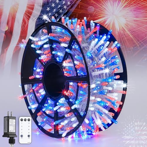 JMEXSUSS 600 LED Red White and Blue Lights Outdoor,4th of July Decor Lights