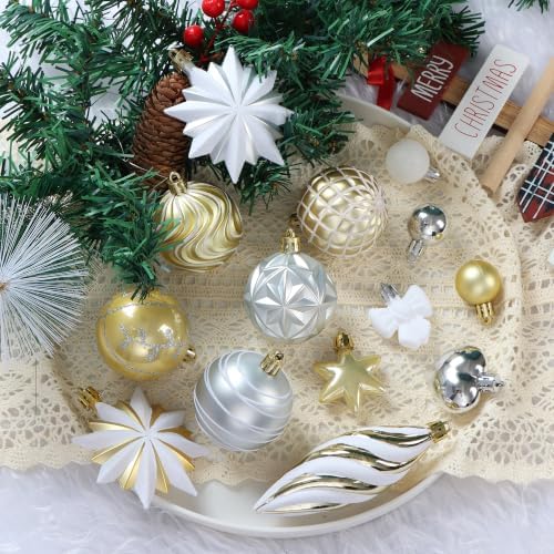 82Pcs Christmas Tree Ornaments Set,Shatterproof Christmas Decorations for Tree Assorted Plastic Craft Baubles Snowflake Ball Ornaments with Durable String for Holiday Party Decor (Gold & White)