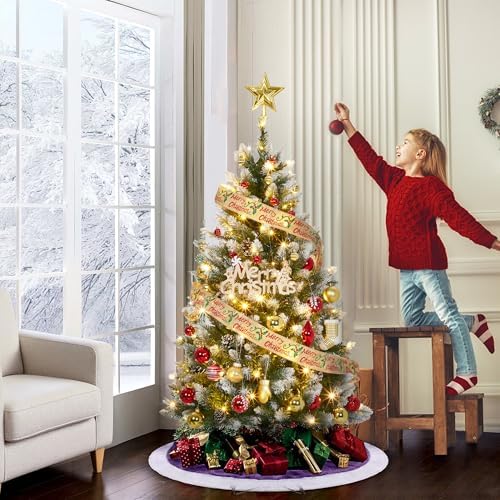 4.5FT Pre-Lit Artificial Christmas Tree with 150 Lights, 352 Snow-Covered Pine Needle Tips & Pine Cones, White Winter Themed Tree for Home & Party Decor