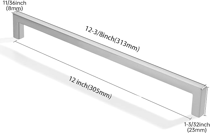 khtumeware 2 Pack 12 inch(305mm) Hole Center Brushed Nickel Cabinet Pulls Solid Heavy-Duty Square Cabinet Handles Drawer Pulls Kitchen Cabinet Hardware Kitchen Handle