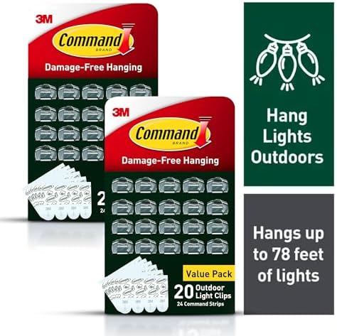 Command Outdoor Light Clips, 40 Clear and 48 Strips, Damage Free Hanging with Weather Resistant Strips, Wall Clips for Hanging Outdoor Lights and Cable Management
