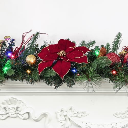 SHareconn 6FT Prelit Christmas Garland with Multi-Color LED Lights, Battery-Operated Timer, Includes Flower Ball & Poinsettia for Table Mantle Fireplace Indoor Outdoor Xmas Decor, Red and Gold, 6 FT