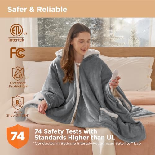 Bedsure Wearable Heated Blanket Hoodie Shawl, Gifts for Mom, 55"x64", Grey