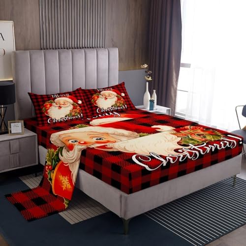 Santa Claus Bed Sheet Set Kids Black and Red Square Sheets Set 4pc Xmas Theme Microfiber Soft Bedding Set,1 Flat Sheet,1 Deep Pocket Fitted Sheet,2 Pillow Cases（King Size）