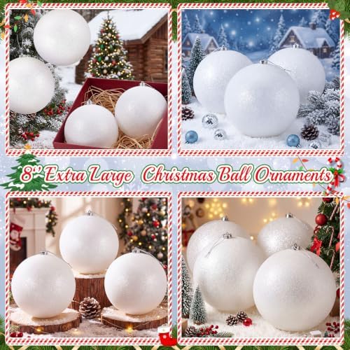 Zubebe 8 Inch 4 Pack Glitter White Christmas Ball Ornaments, Plastic Hanging Ornaments for Tree Decorations, Large Hanging Holiday Baubles for Christmas Tree Winter Party Wedding Home Decor