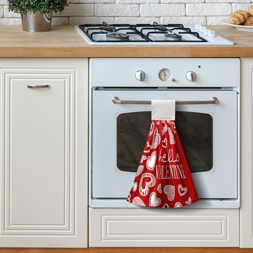Valentines Day Hanging Kitchen Towels Set of 2 Valentine Red Heart Buffalo Plaid Hand Towels with Hanging Loops Seasonal Sweet Holiday Fingertip Oven Towels hanging Soft Absorbent Bar Tie Towel