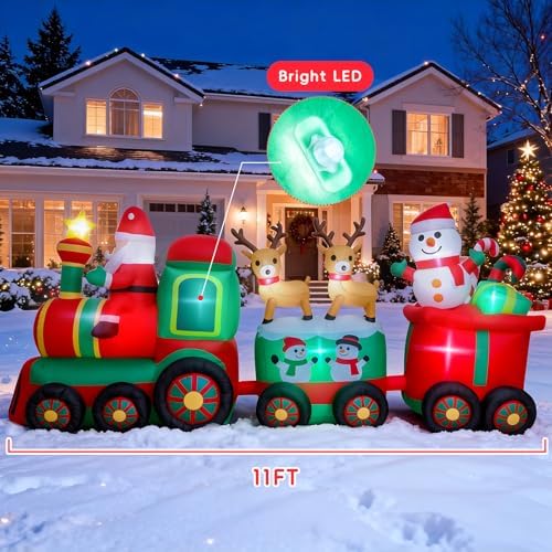 Thuodo 11 FT Long Christmas Inflatables Train with Santa Claus Reindeer Snowman Outdoor Decorations Blow Up Yard with Built-in LEDs for Lawn Garden Holiday Indoor Party Decor
