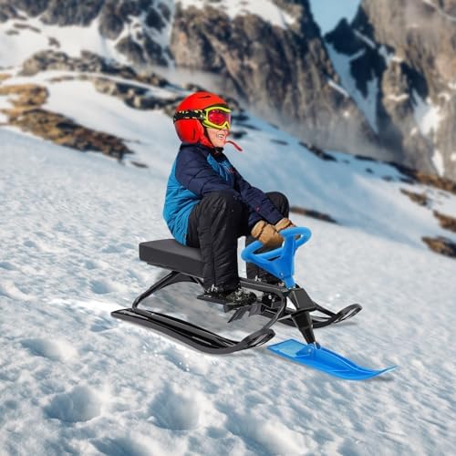 Snow Racer Sled, Winter Fun Snow Scooter, Control Ski Board with Easy Turning Steering Wheel, Anti-Slip Seat, for Kids, Adults