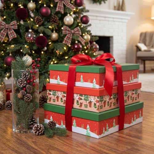 Soul & Lane - Large Christmas Gift Boxes with Lids, Set of 3, Red and Green