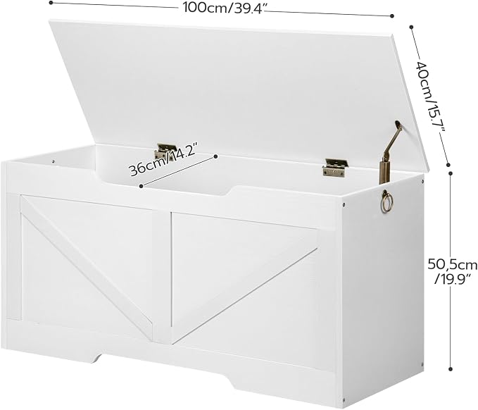 HOOBRO Storage Bench, 39.4” Retro Wooden Storage Chest with U-Shaped Cut-Out Pull, Safety Hinge, Supports 220 lb and Easy Assembly for Toy Box Organizer (White) WT771CW01G1
