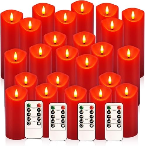 YOROXRG 24 Pack Christmas Decoration Flickering Flameless Candles,LED Candles Battery Operated Pillar Candles with Remote Control.for New Year, Home Decor, Parties,Wedding(D2.2 xH 5" 6" 7" Red)