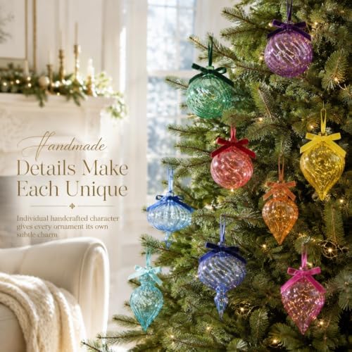 Hungdao 9 Pcs Vintage Colorful Glass Christmas Ornament with Bows, Rainbow