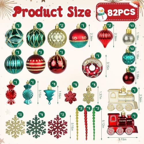82PCS Christmas Ornaments Set Red Green and Golden Christmas Tree Decorations PVC Holiday Ornaments for Xmas Tree Festive Party Decor Supplies
