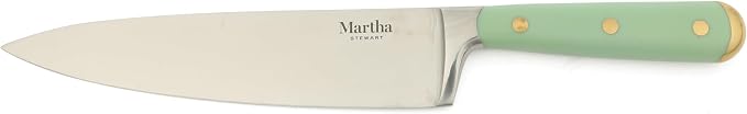Martha Stewart 16-Piece Lockton High Carbon Stainless Steel Knife Block Set - Forged Full Tang Chef Knives, Acacia Wood Block, Triple Riveted Handles, Sage Green & Gold