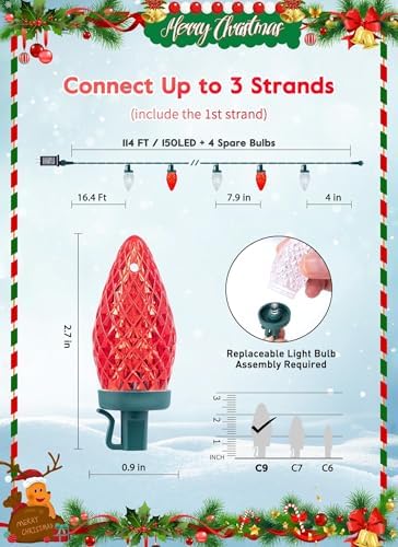 C9 Christmas Lights Outdoor, 114FT 150 LED C9 String Lights, Red|Pure White