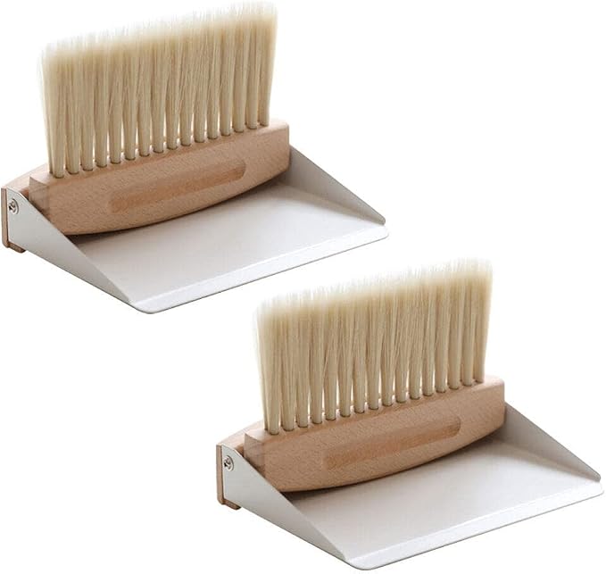 2 Sets Mini Broom Dustpan,Whisk Broom and Dustpan Set Wood Keyboard Brush for Cat Litter, Kitchen,Table,Cars(White Shovel Nylon)