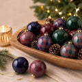 12 Pcs Plaid Christmas Ball Ornaments 3.15 Inch Green Blue Burgundy Balls