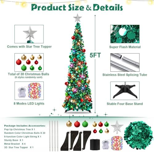 N&T NIETING Pop Up Christmas Tree with Lights & Ornaments,5FT, Peacock Blue