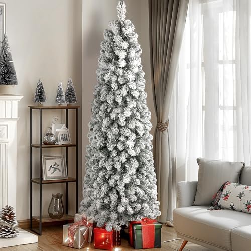 SHareconn 4ft Prelit Snow Flocked Artificial Slim Pencil Christmas Tree
