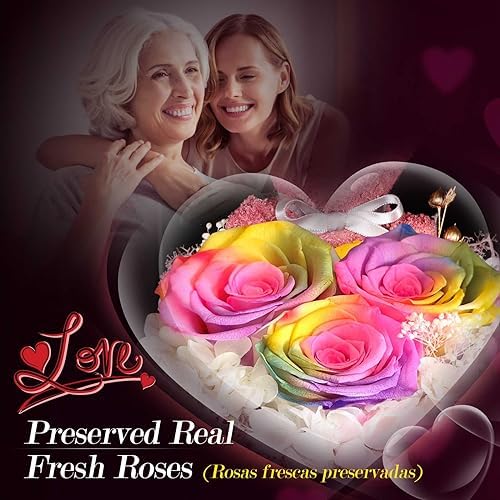 ADDWel Unique Gifts for Mom from Daughter Son, Rainbow Preserved Rose Gift Box with MOM Necklace, I Love You Necklace in 100 Languages, Birthday Mother’s Day Gifts for Mom