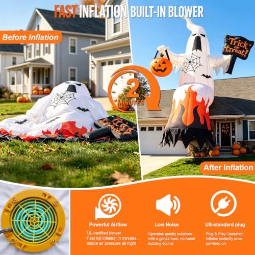 20 FT Halloween Inflatables Ghost Outdoor Decorations Blow Up Yard Ghost with Trick or Treat Sign & Pumpkin Lantern, Built-in LED Lights Inflatable Decor for Garden Lawn Indoor Party Decor