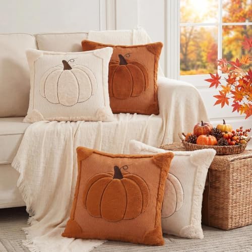 Fall Throw Pillow Covers 18x18 Set of 2 Double-Sided Beige Pumpkin Plush