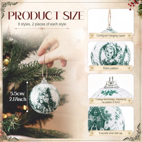 Outus 16pcs Green Vintage Toile De Jouy Christmas Ball Tree Ornaments