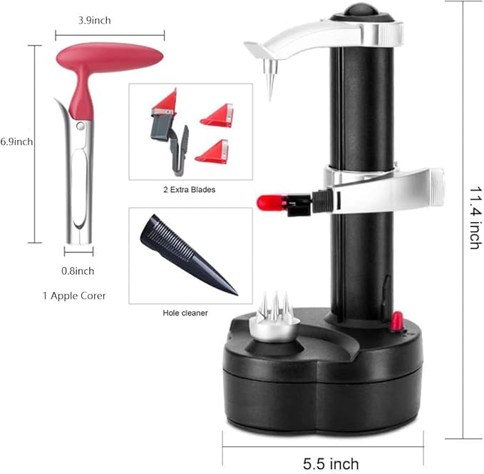 Electric Potato Peeler Automatic Potato Peeler Machine, Electric Peeler Fruits and Vegetables, Apple Peeling Machine for Kitchen [1 Adapter 2 Extra Blades] with Apple Corer (Black-C)