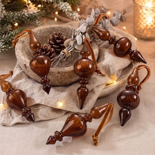 12 Pcs Vintage Glass Finial Christmas Ornaments, Dark Brown