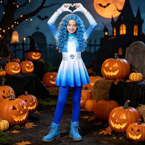 Girls Wonderland Costume Kids Cosplay Outfits Jumpsuit with Gloves Wig Set