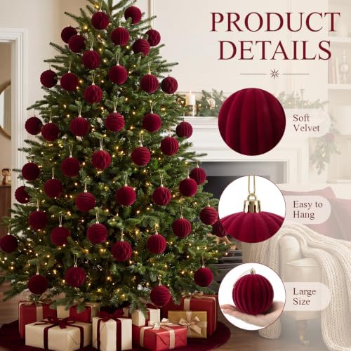 Liliful 3.15 Inch 12 Pcs Velvet Christmas Ornaments Balls, Burgundy Red