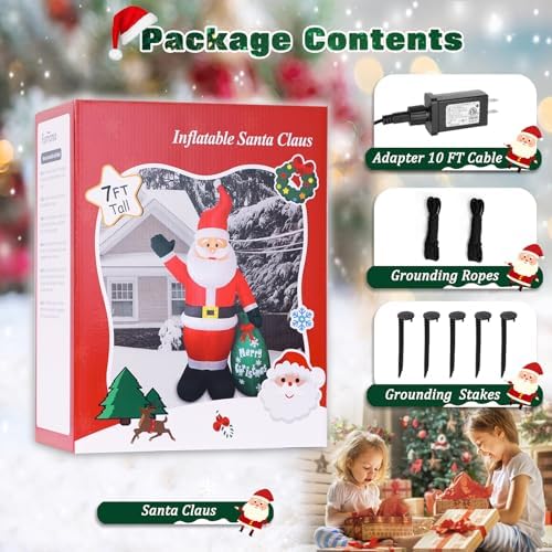 7 FT Christmas Inflatable Santa Claus with Gift Bag, Blow up Giant Santa Claus Indoor Decoration, Built-in LED Lights for Lawn Patio Garden Home Display Hall Xmas Holiday Vacation Party Outdoor Decor