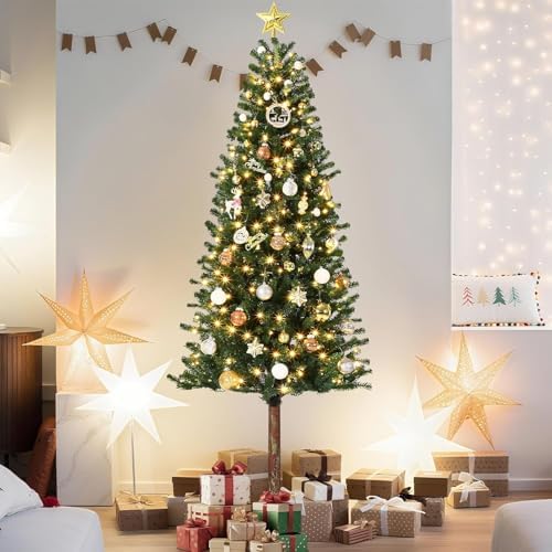 GarveeHome Pencil Christmas Tree 7.5 ft Pre-lit Alpine Slim Holiday Decoration, Lighted Skinny Décor LED Lights, Metal Stand, 7.5 ft Xmas Tree for Room, Bedroom, Apartment, Outdoor, Office, 7.5 Foot
