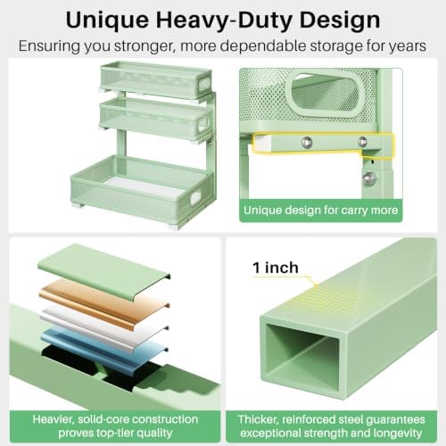 Kitstorack Under Sink Organizer, 1-Pack 3-Tier Height Adjustable Thickened Metal Pull out Cabinet Organizer Shelf, Slide out Storage Drawer Rack for Bathroom Kitchen Pantry Home Organization, Green