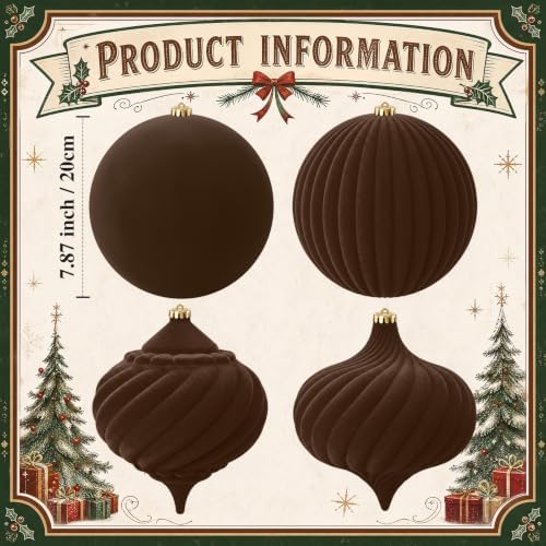 Civaner 4 Pcs Large Velvet Christmas Ball,8 Inch,Dark Brown