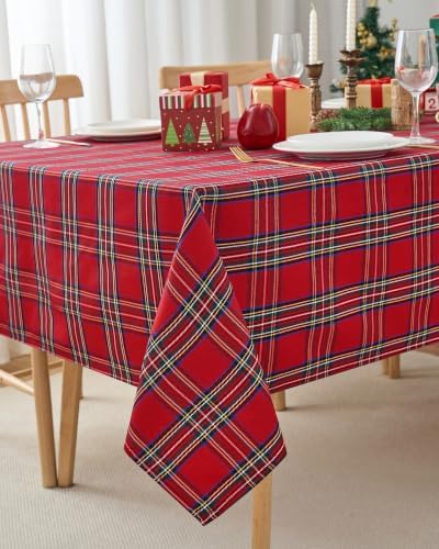 Red Christmas Tablecloth Rectangular, Tartan Plaid, 60x84 Inch