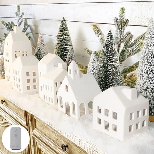 Christmas Decorations - Village Sets of 5 Lighted Ceramic Houses & 9 Trees