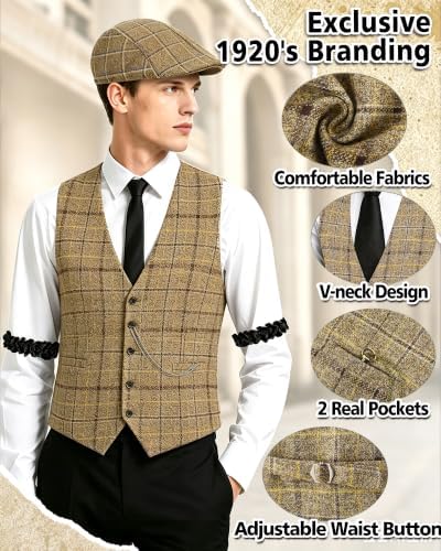 1920s Mens Costume, Roaring 20s Costumes for Men 1920s Mens Outfit with Walking Cane Vest Hat 1920 Mens Accessories