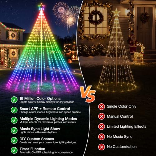 12FT Smart Outdoor Flag Pole Christmas Tree Lights, 488 RGB LEDs, App