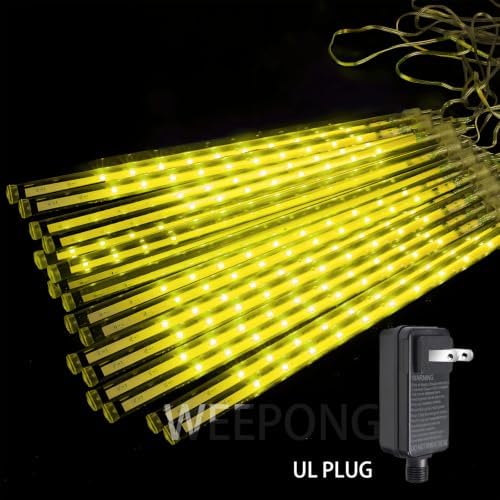 Weepong Christmas Lights Outdoor Falling Rain Meteor Shower Lights 12 inch 16 Tube 384 LED Snowfall Icicle Cascading String Light for Xmas Tree Christmas Decorations Holiday Garden, UL Plug,Warm White
