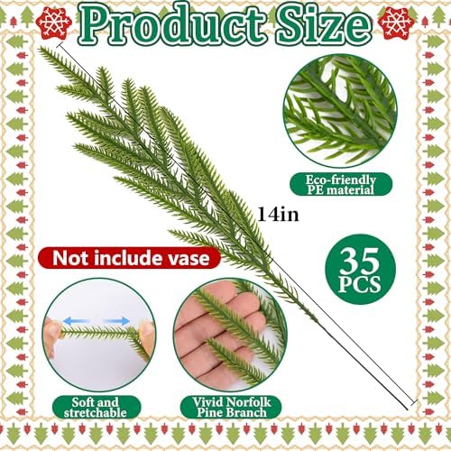 45 Pcs Christmas Norfolk Pine Branches Red Berry Stem Faux Christmas Sprigs