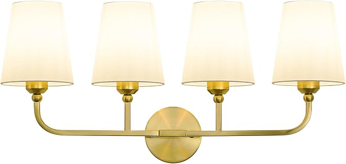 Bathroom Vanity Light, Brushed Gold Bathroom Light Fixtures, 4-Light Lighting Fixtures Over Mirror, Modern Wall Sconce with Flared White Fabric Shade, E26 Socket(ETL Listed)