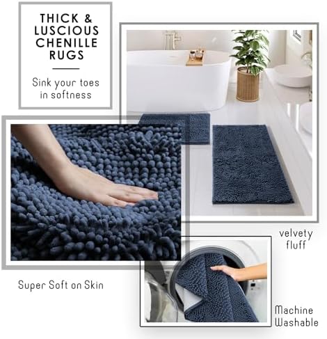 Clara Clark Bathroom Set - Navy Blue Bathroom Accessories Set, 6PC Bathroom Accessory Set, Bathroom Sets with Bathroom Rugs, Adhesive Corner Shower Caddy Hanging, Toilet Brush & Trash Can