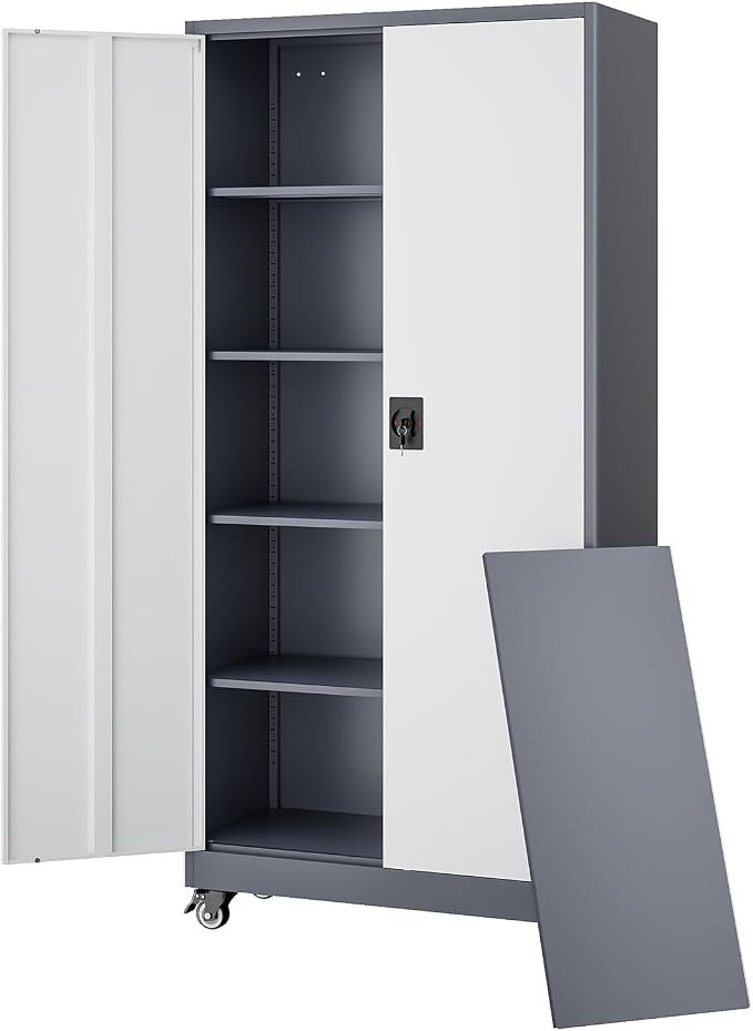 Metal Garage Storage Cabinets with Lock Door and Adjustable Shelves, Steel Tool Cabinets for Home,Office,Warehouse Organisieren (Grey White, 75" H)